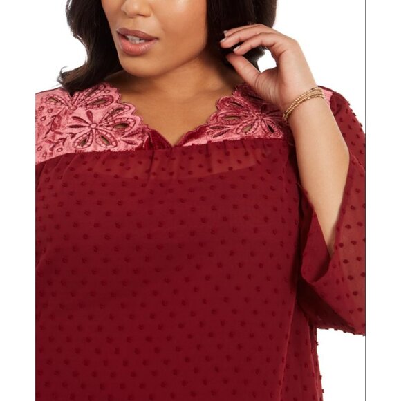 Style & Co Blouse Top Women's 3X Plus Red Eyelet-Yoke Swiss-Dot Textured Overlay - Picture 12 of 12